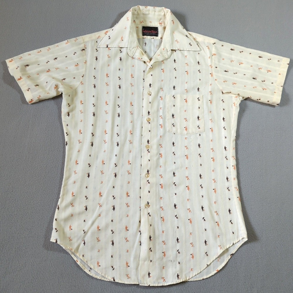 Vintage‎ Leisure Shirt Mens Short Sleeve Button Up Cream All Over Print Small